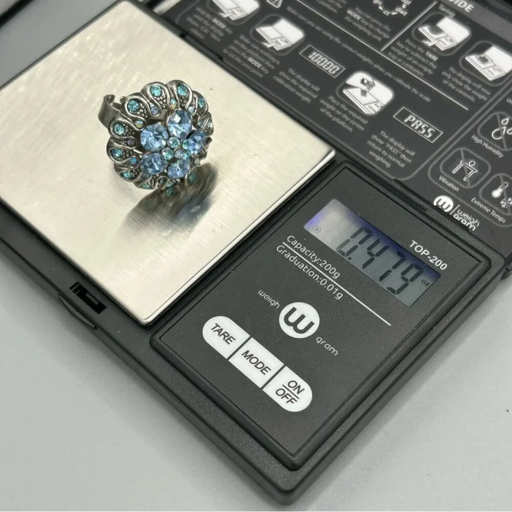 Blue Rhinestone Floral Cocktail Ring Adjustable Silver Tone